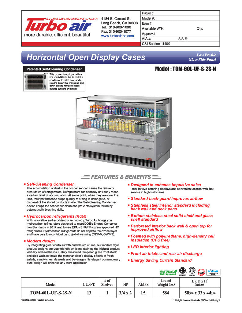 Turbo Air TOM-60L-UF-S-2S-N 58 3/4" Stainless Steel Low Profile Horizontal Open Air Cooler w/ (2) Levels – Ultra Front Merchandiser, 115v - Donut-Equipment.com