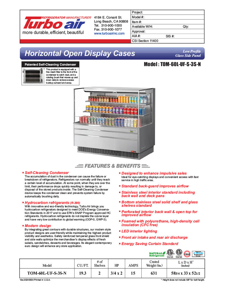 Turbo Air TOM-60L-UF-S-3S-N 58 3/4" Stainless Steel Low Profile Horizontal Open Air Cooler w/ (3) Levels – Ultra Front Merchandiser, 115v - Donut-Equipment.com