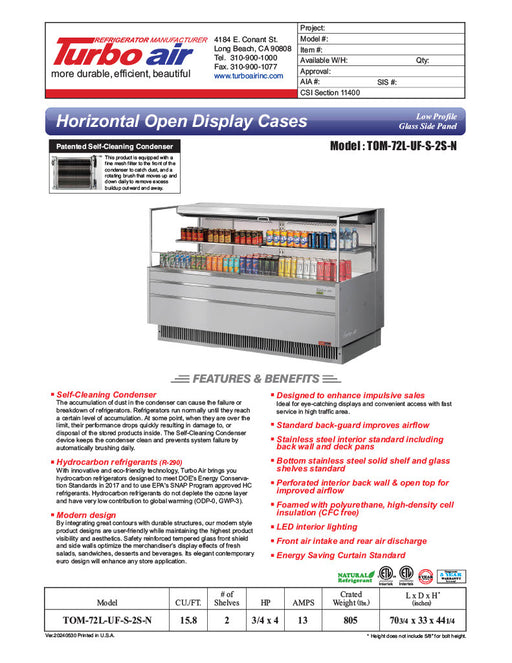 Turbo Air TOM-72L-UF-S-2S-N 70 3/4" Stainless Steel Low Profile Horizontal Open Air Cooler w/ (2) Levels – Ultra Front Merchandiser, 220v/1ph - Donut-Equipment.com