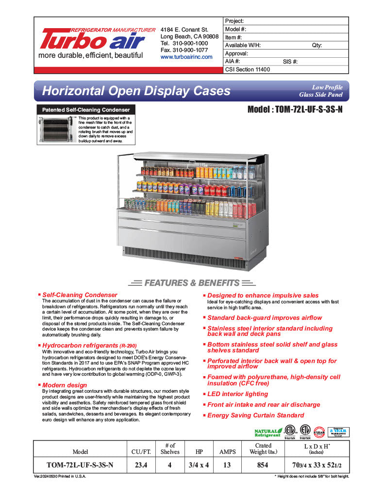 Turbo Air TOM-72L-UF-S-3S-N 70 3/4" Stainless Steel Low Profile Horizontal Open Air Cooler w/ (3) Levels – Ultra Front Merchandiser, 220v/1ph - Donut-Equipment.com