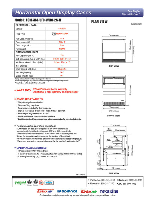 Turbo Air TOM-36L-UFD-W-2S-N 34 3/4" White Low Profile Horizontal Open Air Cooler w/ (2) Levels – Ultra Front Deluxe Merchandiser, 115v - Donut-Equipment.com