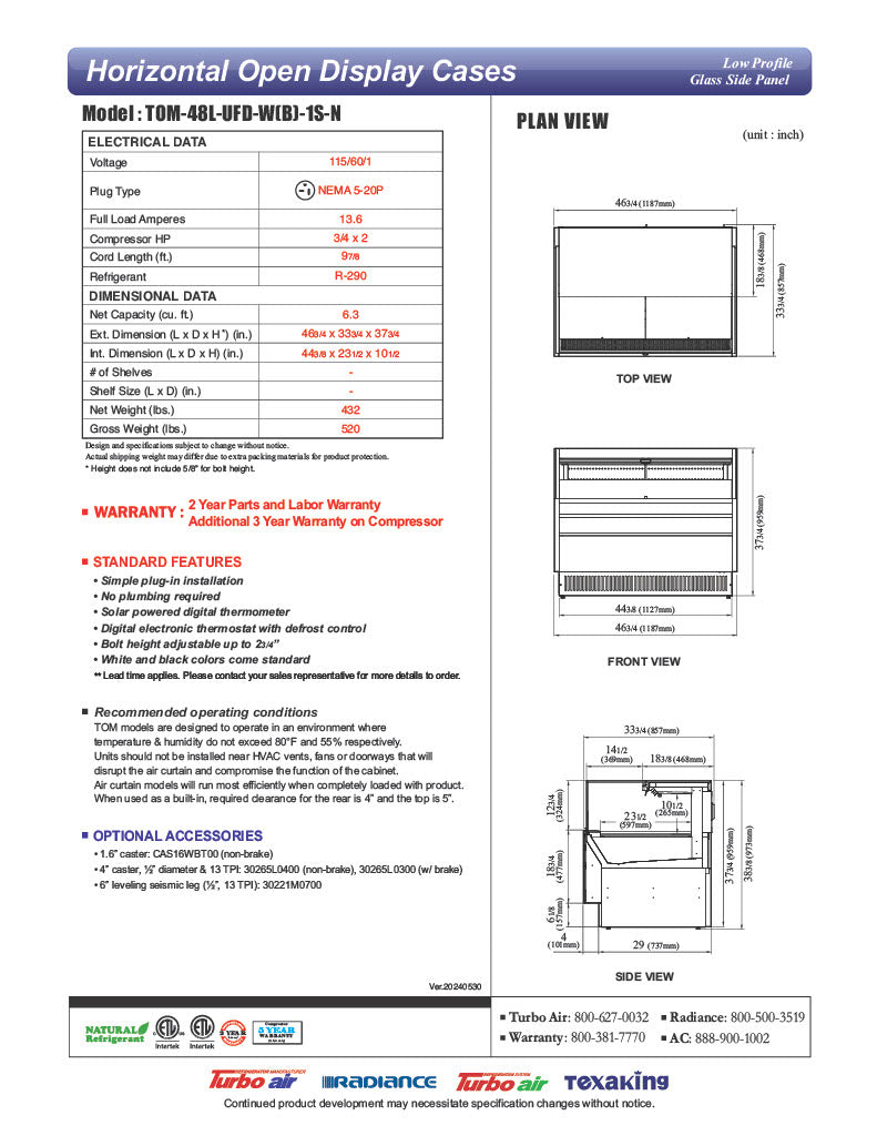 Turbo Air TOM-48L-UFD-W-1S-N 46 3/4" White Low Profile Horizontal Open Air Cooler w/ (1) Level – Ultra Front Deluxe Merchandiser, 115v - Donut-Equipment.com