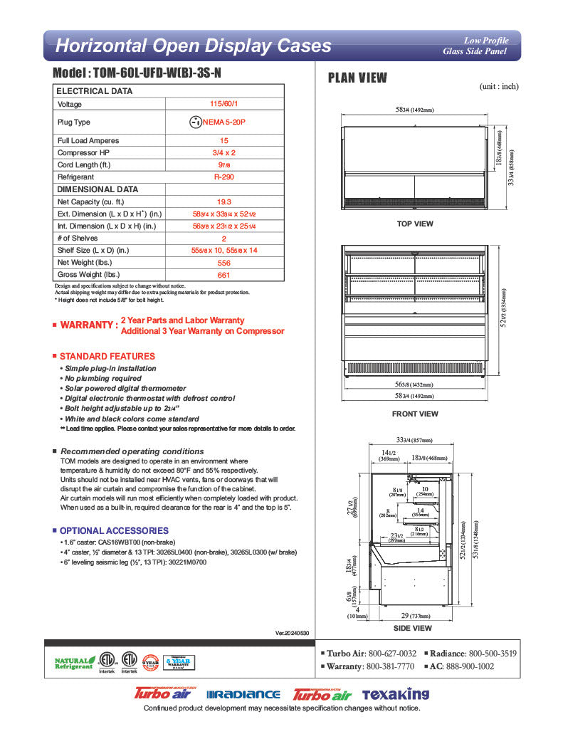 Turbo Air TOM-60L-UFD-W-3S-N 58 3/4"  White Low Profile Horizontal Open Air Cooler w/ (3) Levels – Ultra Front Deluxe Merchandiser, 115v - Donut-Equipment.com