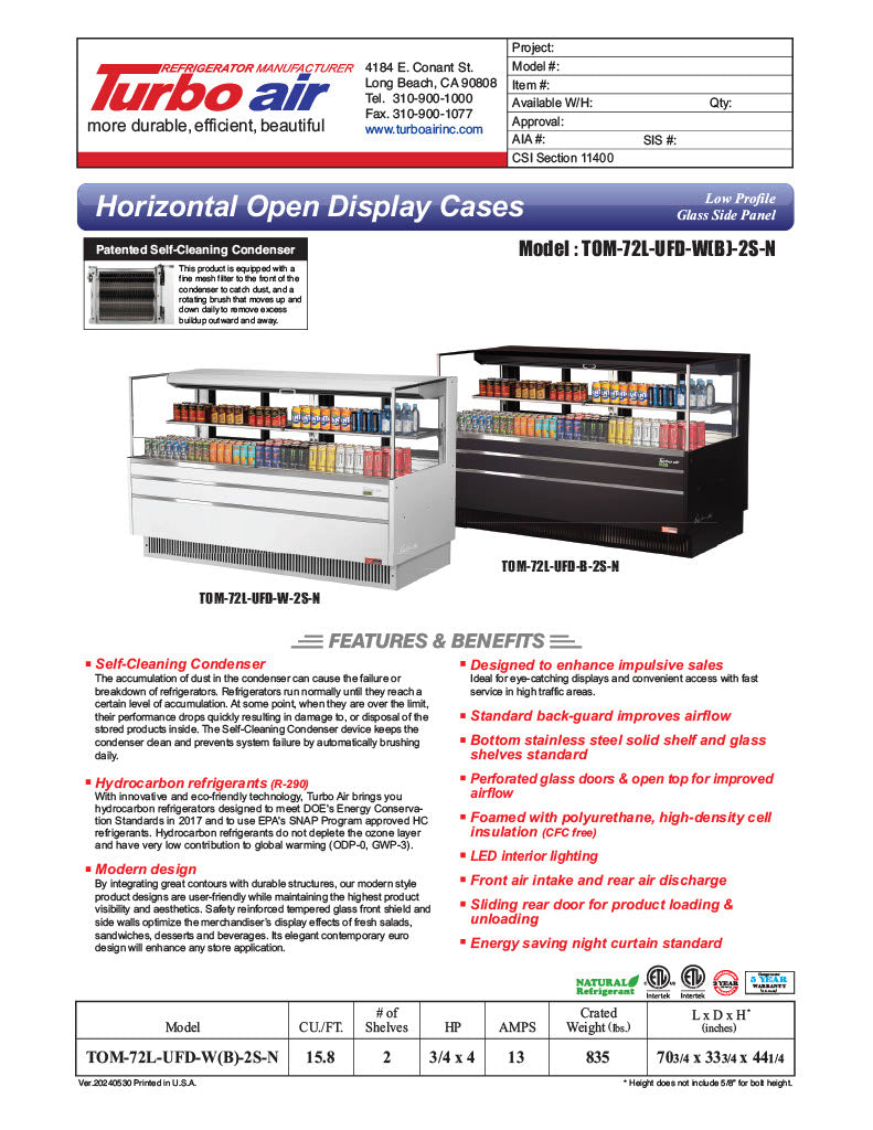 Turbo Air TOM-72L-UFD-W-2S-N 70 3/4" White Low Profile Horizontal Open Air Cooler w/ (2) Levels – Ultra Front Deluxe Merchandiser, 220v/1ph - Donut-Equipment.com