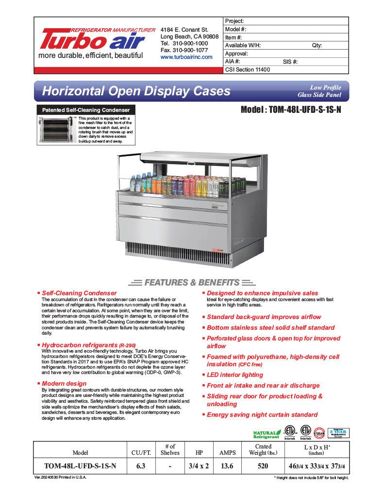 Turbo Air TOM-48L-UFD-S-1S-N 46 3/4" Stainless Steel Low Profile Horizontal Open Air Cooler w/ (1) Level – Ultra Front Deluxe Merchandiser, 115v - Donut-Equipment.com