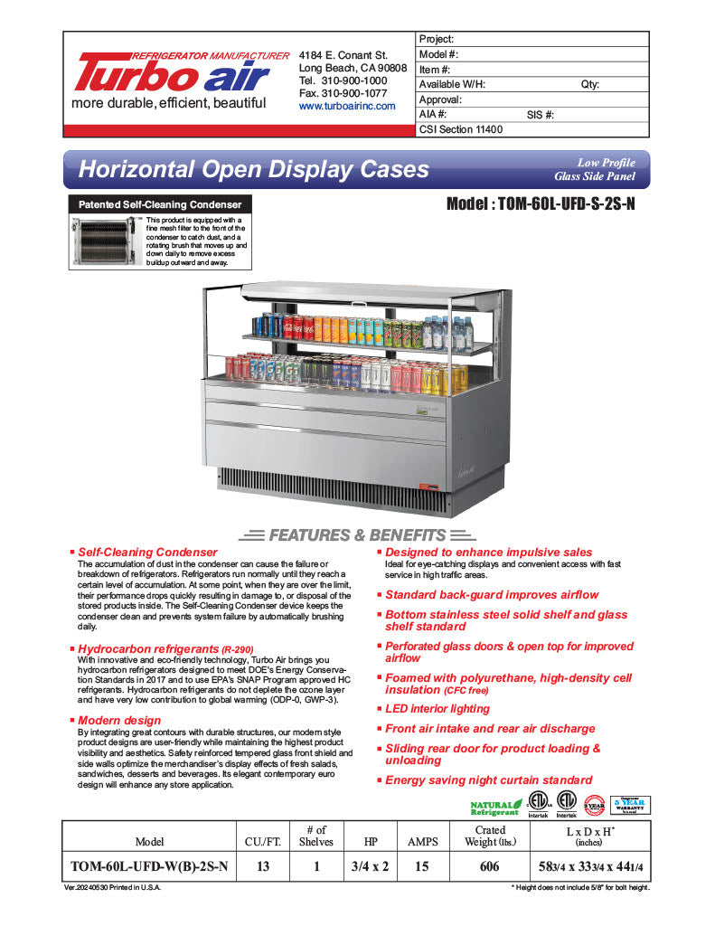 Turbo Air TOM-60L-UFD-S-2S-N 58 3/4" Stainless Steel Low Profile Horizontal Open Air Cooler w/ (2) Levels – Ultra Front Deluxe Merchandiser, 115v - Donut-Equipment.com