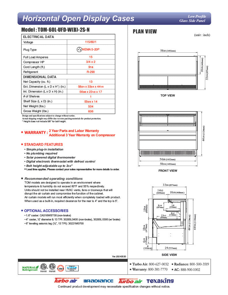 Turbo Air TOM-60L-UFD-S-2S-N 58 3/4" Stainless Steel Low Profile Horizontal Open Air Cooler w/ (2) Levels – Ultra Front Deluxe Merchandiser, 115v - Donut-Equipment.com