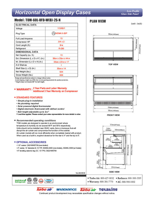 Turbo Air TOM-60L-UFD-S-2S-N 58 3/4" Stainless Steel Low Profile Horizontal Open Air Cooler w/ (2) Levels – Ultra Front Deluxe Merchandiser, 115v - Donut-Equipment.com
