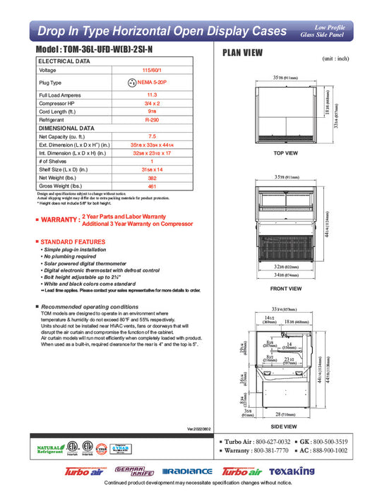 Turbo Air TOM-36L-UFD-W-2SI-N 35 7/8" Drop-In Horizontal Open Air Cooler w/ (2) Levels – White Exterior, 115v - Donut-Equipment.com