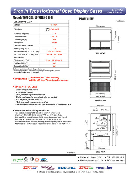 Turbo Air TOM-36L-UF-W-3SI-N 35 7/8" Drop-In Horizontal Open Air Cooler w/ (3) Levels – White Exterior, 115v - Donut-Equipment.com