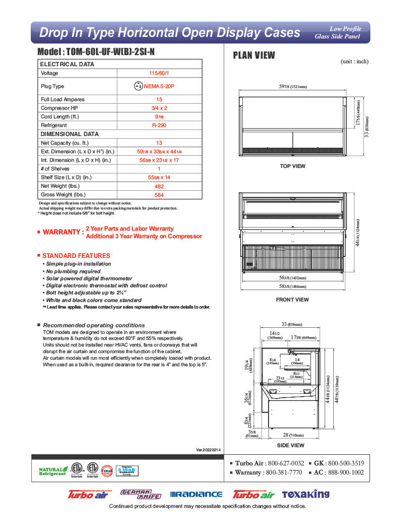 Turbo Air TOM-60L-UF-W-2SI-N 59 7/8" Drop-In Horizontal Open Air Cooler w/ (2) Levels – White Exterior, 115v - Donut-Equipment.com