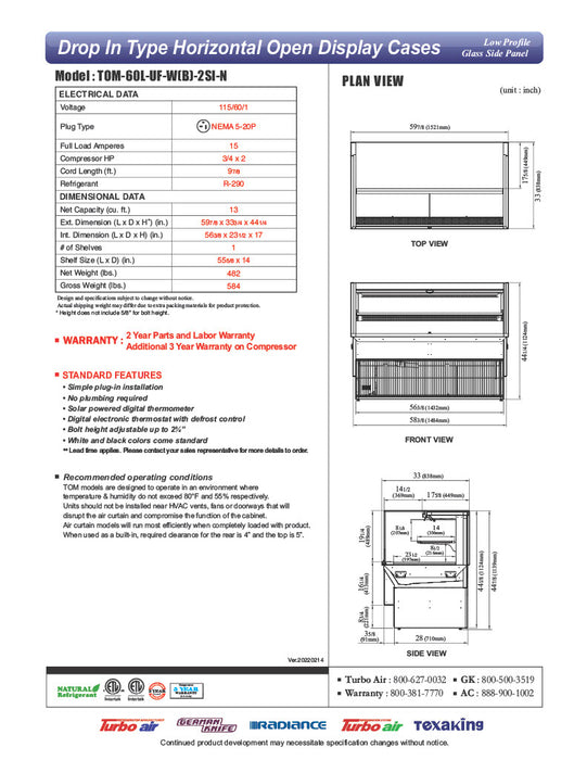 Turbo Air TOM-60L-UF-W-2SI-N 59 7/8" Drop-In Horizontal Open Air Cooler w/ (2) Levels – White Exterior, 115v - Donut-Equipment.com