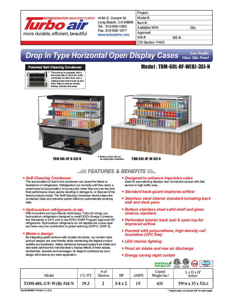 Turbo Air TOM-60L-UF-W-3SI-N 59 7/8" Drop-In Horizontal Open Air Cooler w/ (3) Levels – White Exterior, 115v - Donut-Equipment.com