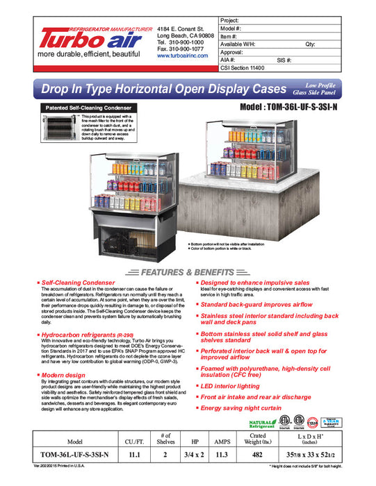 Turbo Air TOM-36L-UF-S-3SI-N 36" Stainless Steel Drop-In Refrigerated Open Display Case Merchandiser – (3) Levels, 2 Shelves, 115v - Donut-Equipment.com