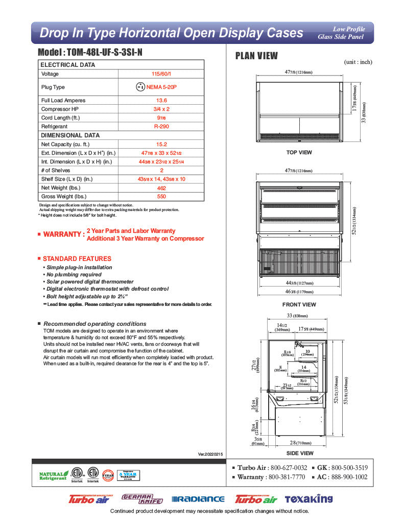 Turbo Air TOM-48L-UF-S-3SI-N 48" Stainless Steel Drop-In Refrigerated Open Display Case Merchandiser w/ (3) Levels, 115v - Donut-Equipment.com
