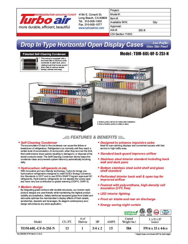 Turbo Air TOM-60L-UF-S-2SI-N 60" Stainless Steel Drop-In Refrigerated Open Display Case Merchandiser w/ (2) Levels, 115v - Donut-Equipment.com