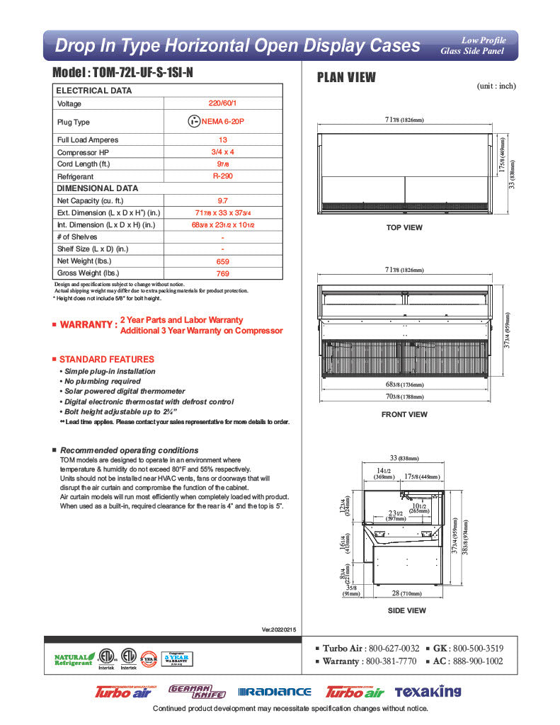 Turbo Air TOM-72L-UF-S-1SI-N 72" Stainless Steel Drop-In Refrigerated Open Display Case Merchandiser w/ (1) Level, 220v/1ph - Donut-Equipment.com