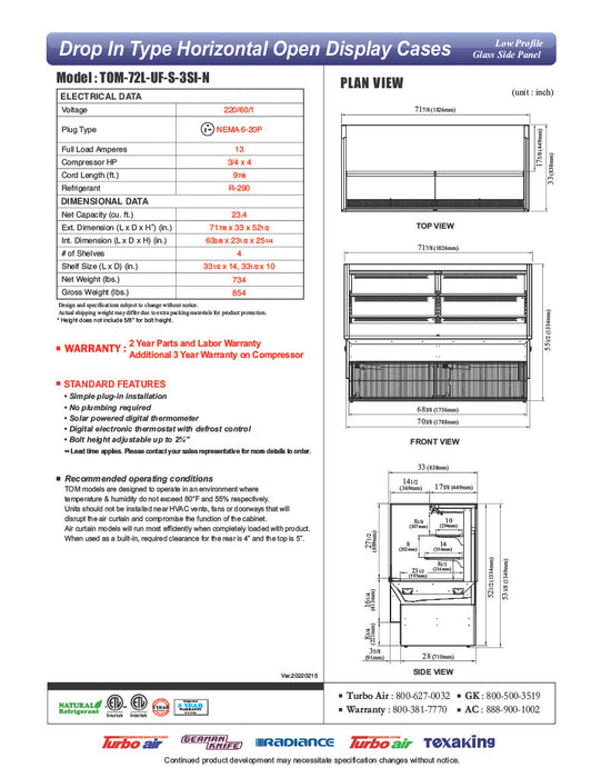 Turbo Air TOM-72L-UF-S-3S-N 71" Stainless Steel Horizontal Refrigerated Open Curtain Merchandiser w/ (4) Levels, 220v/1ph - Donut-Equipment.com