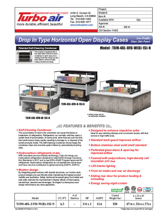 Turbo Air TOM-48L-UFD-W-1SI-N 48" Drop-In Horizontal Open Air Cooler w/ (1) Level – White Exterior, 115v - Donut-Equipment.com