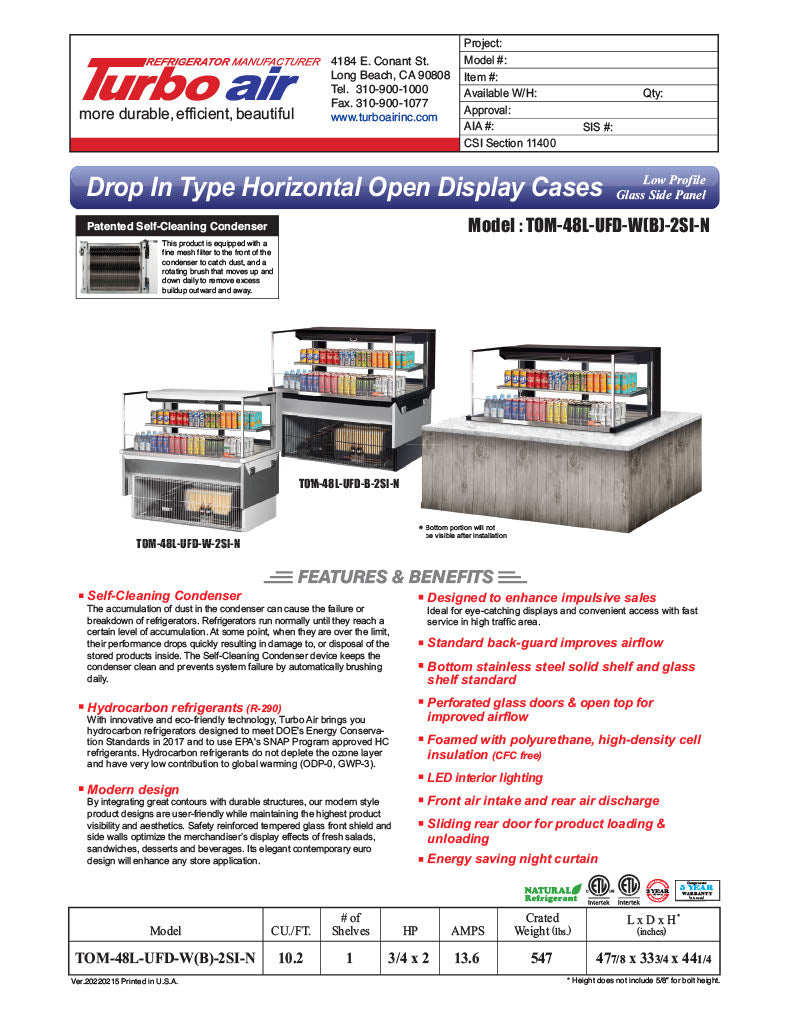 Turbo Air TOM-48L-UFD-W-2SI-N 48" Drop-In Horizontal Open Air Cooler w/ (2) Levels – White Exterior, 115v - Donut-Equipment.com