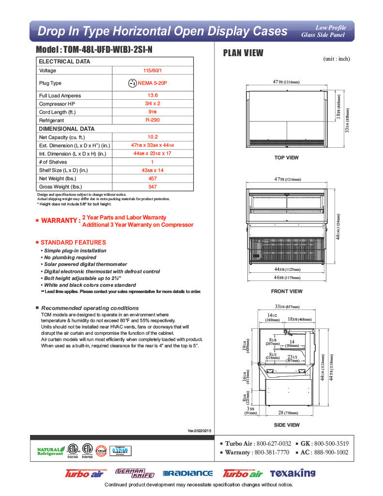 Turbo Air TOM-48L-UFD-W-2SI-N 48" Drop-In Horizontal Open Air Cooler w/ (2) Levels – White Exterior, 115v - Donut-Equipment.com