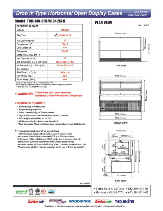 Turbo Air TOM-60L-UFD-W-2SI-N 60" Drop-In Horizontal Open Air Cooler w/ (2) Levels – White Exterior, 115v - Donut-Equipment.com