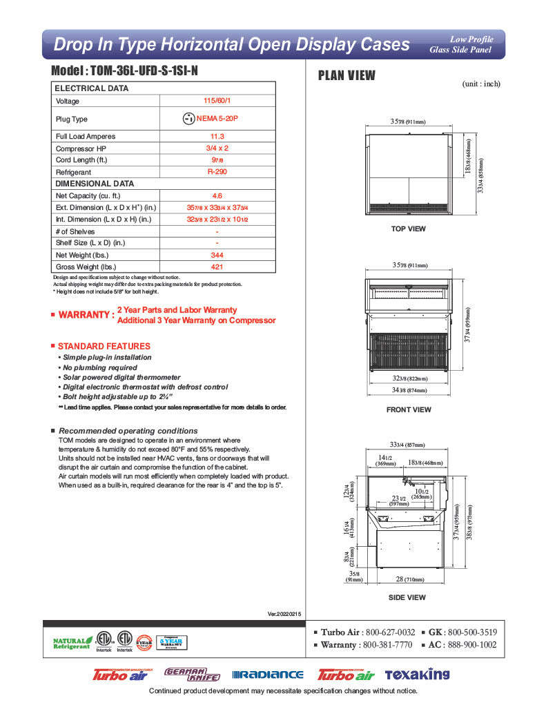 Turbo Air TOM-36L-UFD-S-1SI-N 36" Drop-In Horizontal Open Air Cooler w/ (1) Level – Stainless Steel Exterior, 115v - Donut-Equipment.com