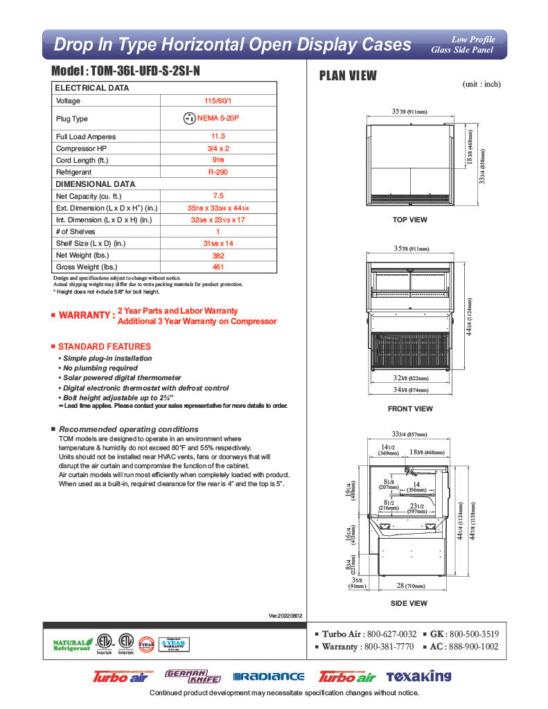 Turbo Air TOM-36L-UFD-S-2SI-N 36" Drop-In Horizontal Open Air Cooler w/ (2) Levels – Stainless Steel Exterior, 115v - Donut-Equipment.com