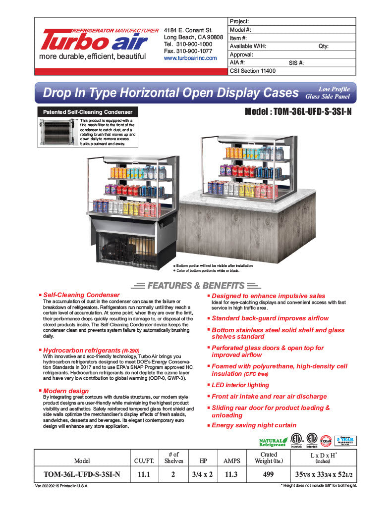 Turbo Air TOM-36L-UFD-S-3SI-N 36" Drop-In Horizontal Open Air Cooler w/ (3) Levels – Stainless Steel Exterior, 115v - Donut-Equipment.com