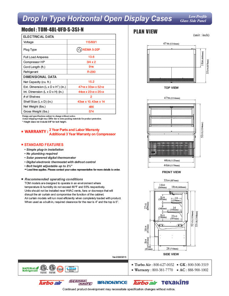 Turbo Air TOM-48L-UFD-S-3SI-N 48" Drop-In Horizontal Open Air Cooler w/ (3) Levels – Stainless Steel Exterior, 115v - Donut-Equipment.com
