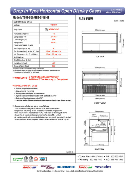 Turbo Air TOM-60L-UFD-S-1SI-N 60" Drop-In Horizontal Open Air Cooler w/ (1) Level – Stainless Steel Exterior, 115v - Donut-Equipment.com