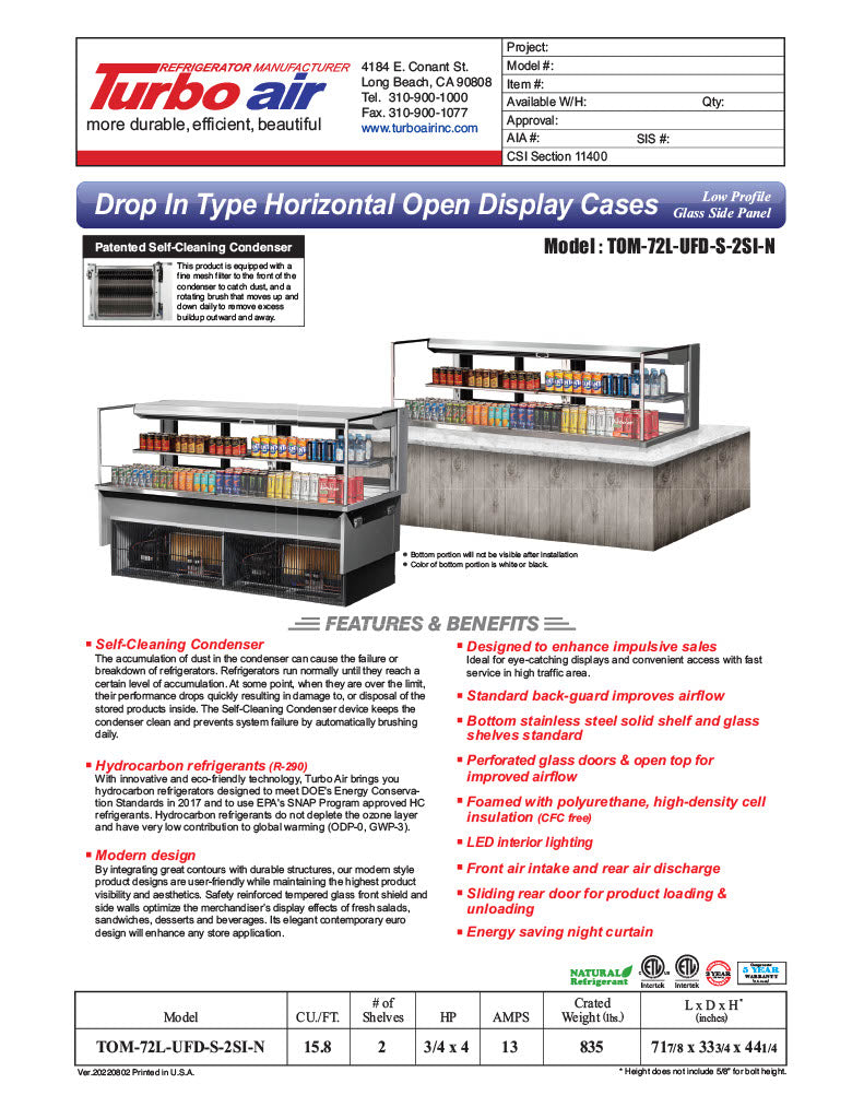 Turbo Air TOM-72L-UFD-S-2SI-N 72" Drop-In Horizontal Open Air Cooler w/ (2) Levels – Stainless Steel Exterior, 220v/1ph - Donut-Equipment.com