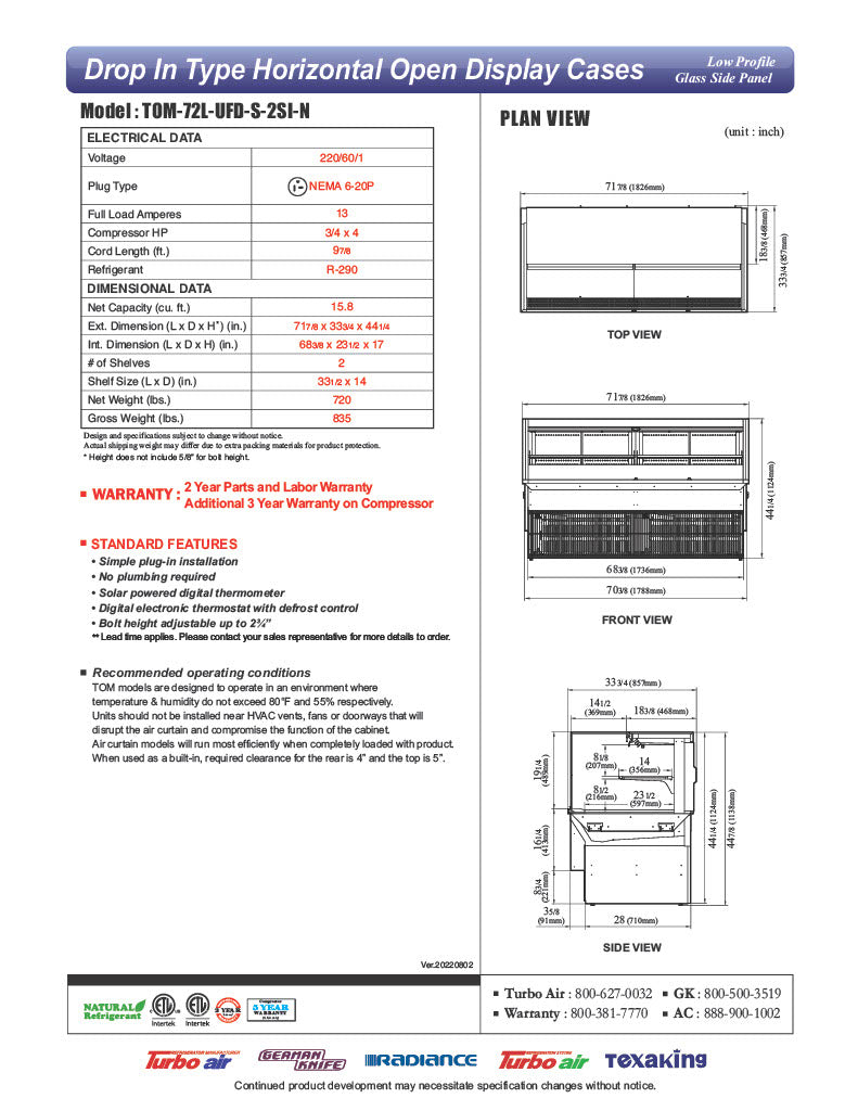 Turbo Air TOM-72L-UFD-S-2SI-N 72" Drop-In Horizontal Open Air Cooler w/ (2) Levels – Stainless Steel Exterior, 220v/1ph - Donut-Equipment.com