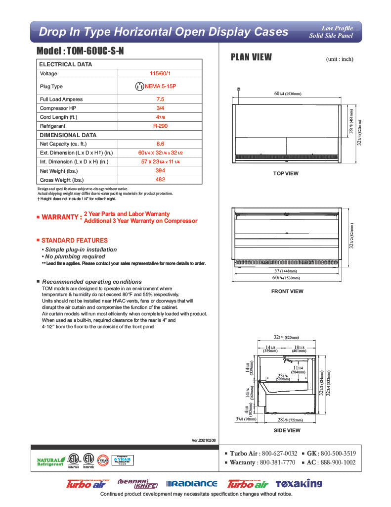 Turbo Air TOM-60UC-S-N 60 1/4" Drop-In Horizontal Open Air Cooler w/ (1) Level – Stainless Steel Exterior, 115v - Donut-Equipment.com
