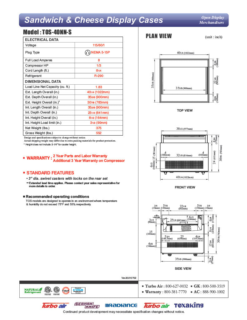 Turbo Air TOS-40NN-S 40 1/4" Stainless Steel Horizontal Open Display Merchandiser / Air Curtain Sandwich and Cheese Display Case – 1 Level, 115v - Donut-Equipment.com