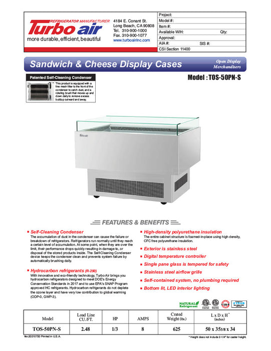 Turbo Air TOS-50PN-S 50" Stainless Steel Horizontal Open Display Merchandiser / Air Curtain Sandwich and Cheese Display Case – 1 Level, 115v - Donut-Equipment.com