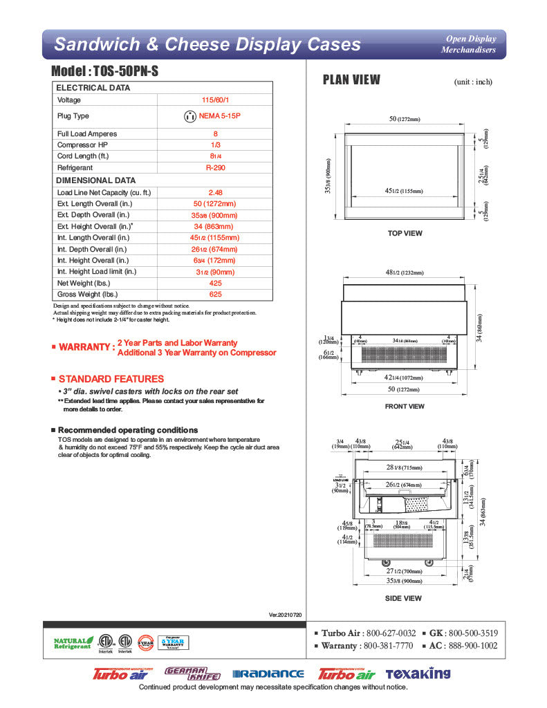 Turbo Air TOS-50PN-S 50" Stainless Steel Horizontal Open Display Merchandiser / Air Curtain Sandwich and Cheese Display Case – 1 Level, 115v - Donut-Equipment.com