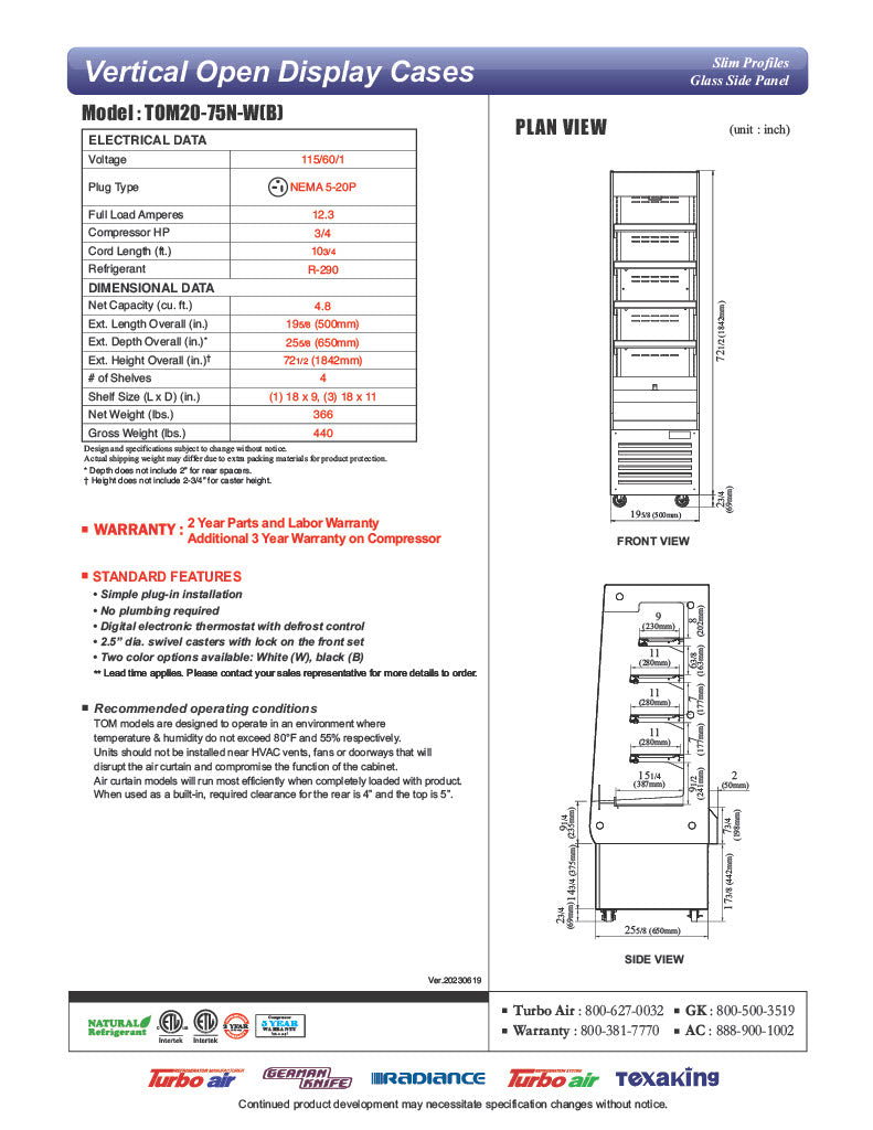 Turbo Air TOM20-75N-W 19 5/8" White Vertical Open Air Cooler – 5 Levels, 115v - Donut-Equipment.com