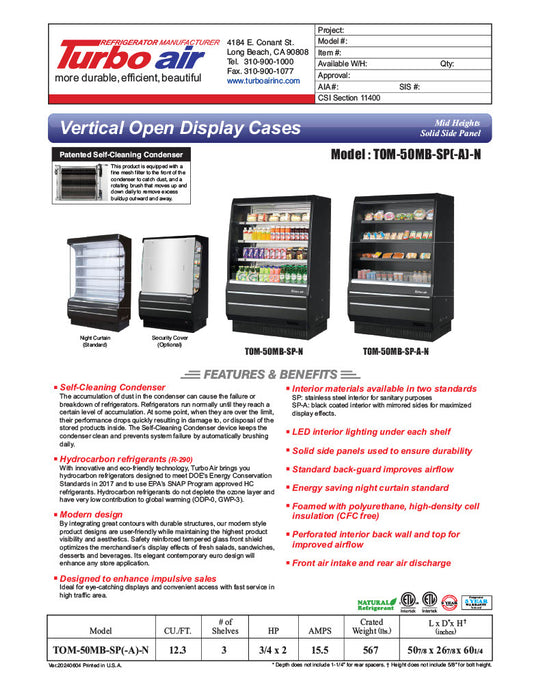 Turbo Air TOM-50MB-SP-N 50 7/8" Vertical Open Air Cooler w/ (4) Levels – Black Exterior, 115v - Donut-Equipment.com