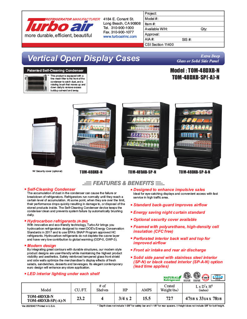 Turbo Air TOM-48DXB-N 48" Vertical Open Air Cooler w/ (5) Levels – Black Exterior, 115v - Donut-Equipment.com