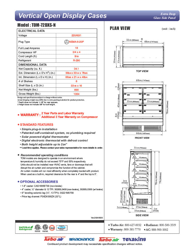 Turbo Air TOM-72DXS-N 68 3/4" Stainless Steel Extra Deep Vertical Open Air Cooler w/ (5) Levels, 115v - Donut-Equipment.com