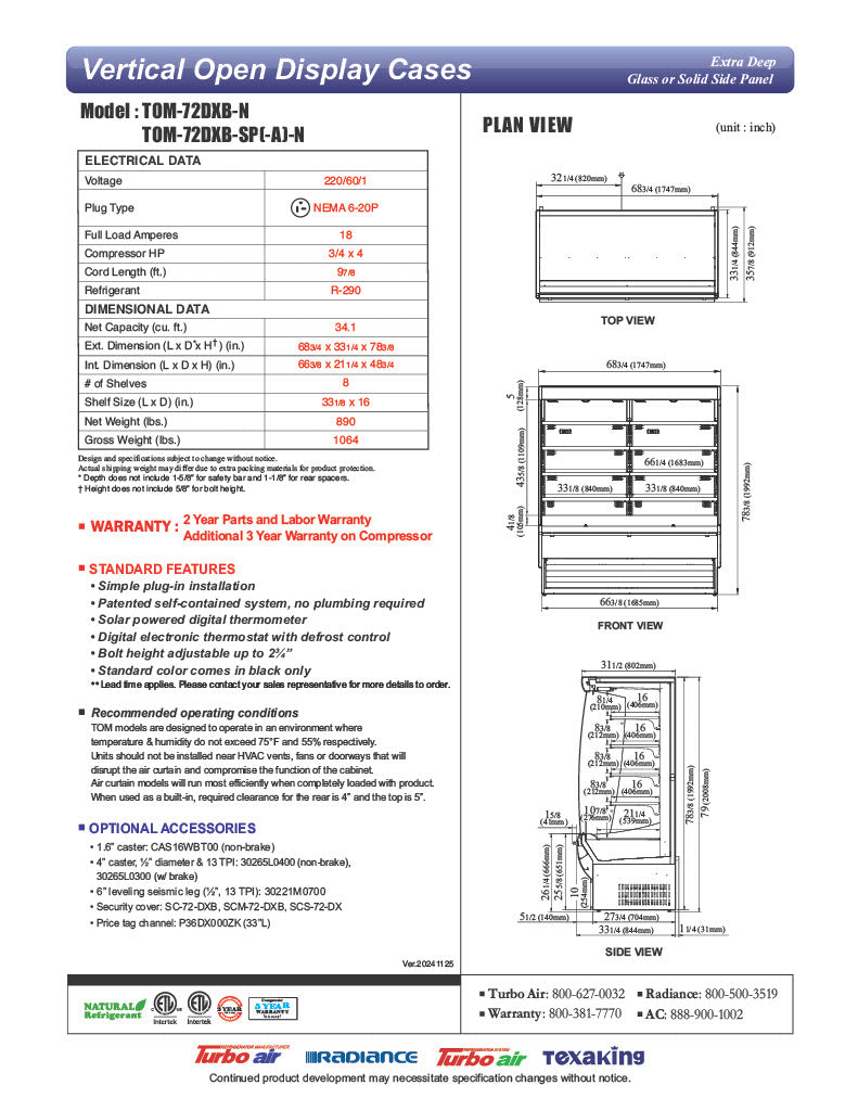 Turbo Air TOM-72DXB-SP-N 68 3/4" Black Extra Deep Vertical Open Air Cooler w/ Solid Side Panels, (5) Levels, 220v/1ph - Donut-Equipment.com