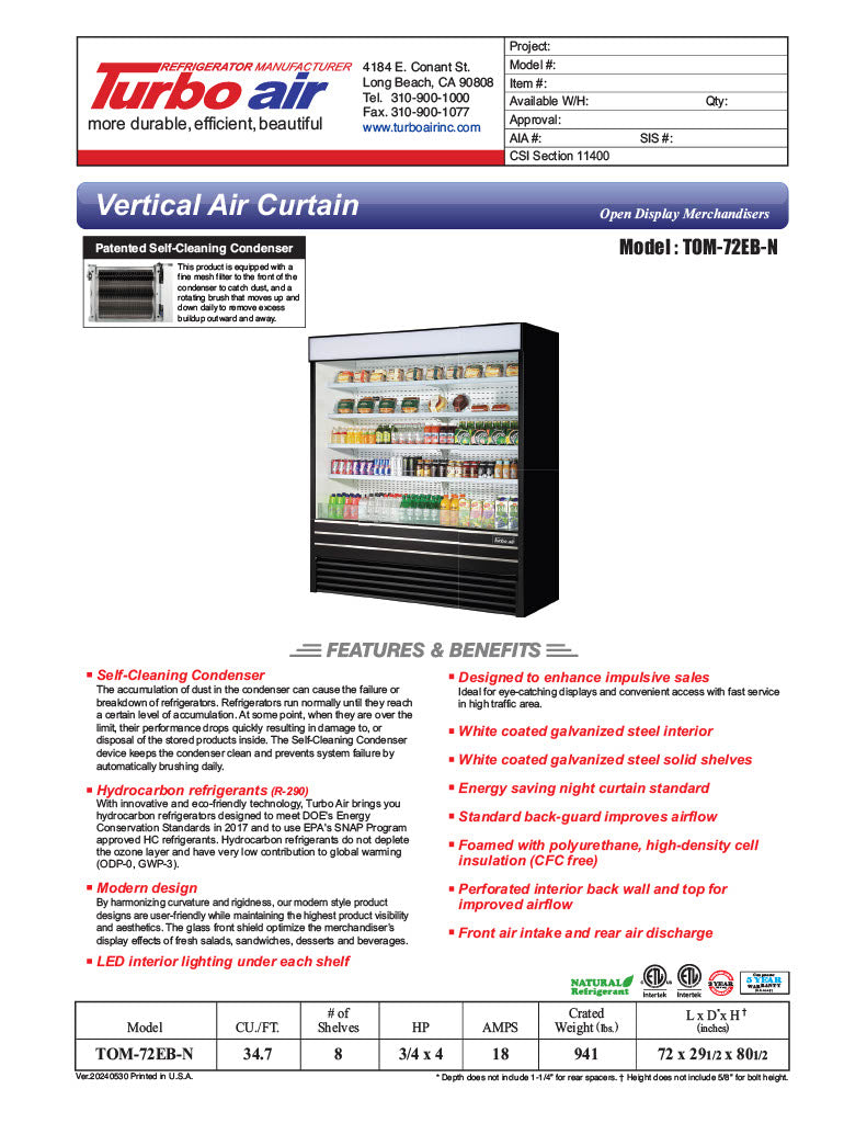 Turbo Air TOM-72EB-N 72" Black Vertical Open Air Cooler w/ (5) Levels, 220v/1ph - Donut-Equipment.com