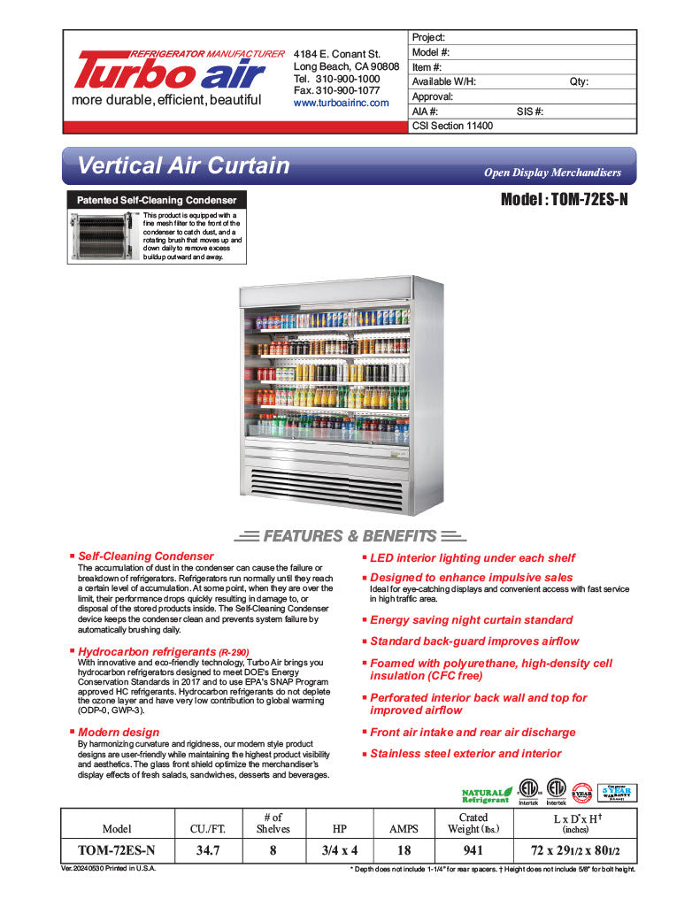 Turbo Air TOM-72ES-N 72" Stainless Steel Vertical Open Air Cooler w/ (5) Levels, 220v/1ph - Donut-Equipment.com