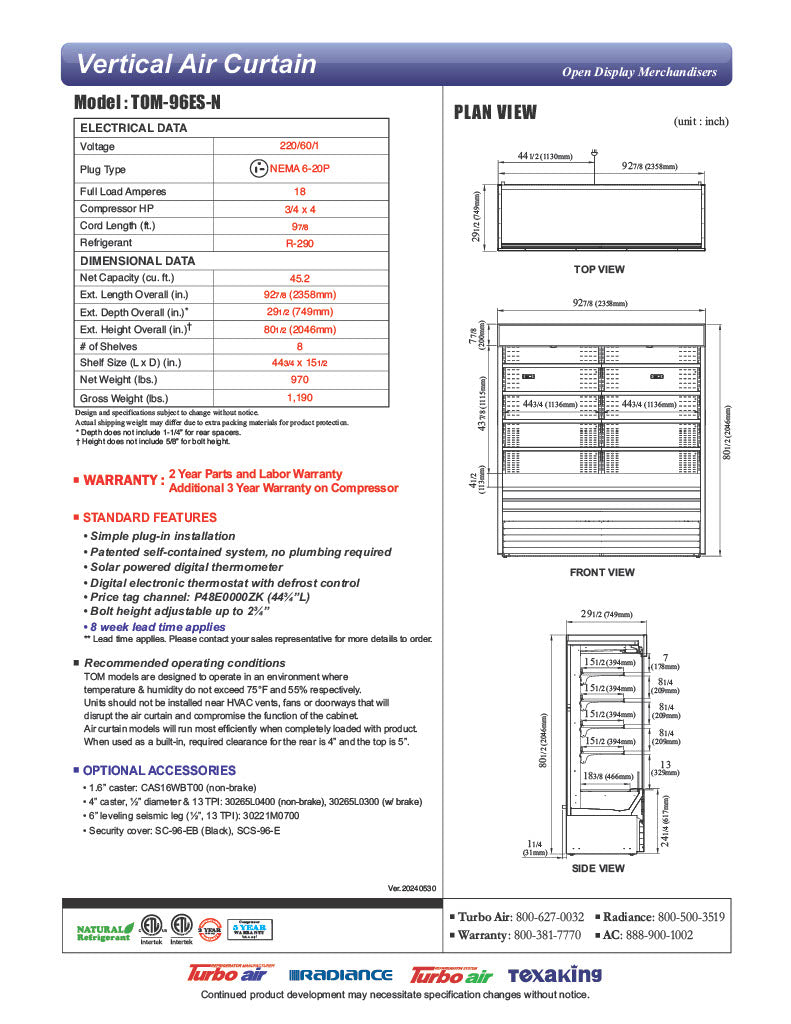 Turbo Air TOM-96ES-N 92 7/8" Stainless Steel Vertical Open Air Cooler with (5) Levels, 220v/1ph - Donut-Equipment.com