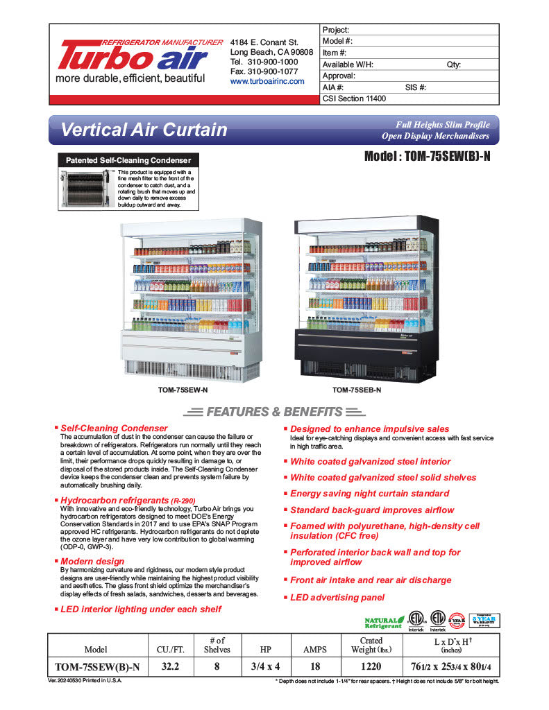Turbo Air TOM-75SEW-N 76 1/2" White Narrow Depth Vertical Open Air Cooler / Air Curtain Display Case with (5) Levels, 220v/1ph - Donut-Equipment.com