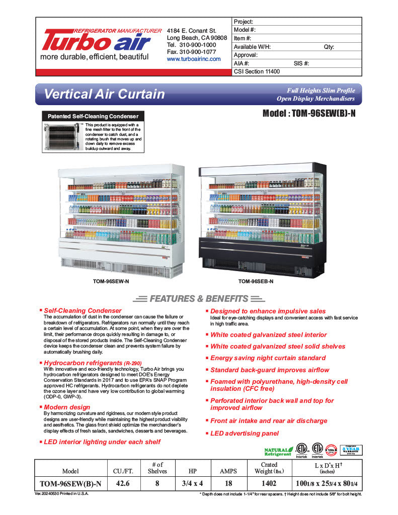 Turbo Air TOM-96SEW-N 100 1/8" White Narrow Depth Vertical Open Air Cooler / Air Curtain Display Case with (5) Levels, 220v/1ph - Donut-Equipment.com