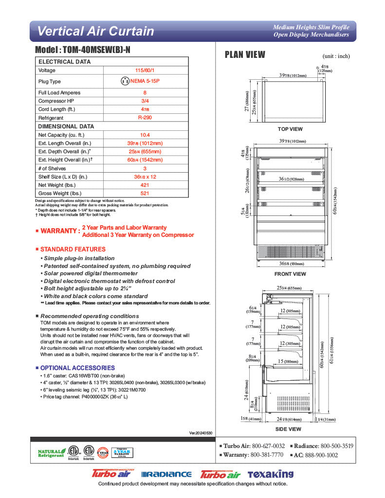 Turbo Air TOM-40MSEW-N 39 3/8" White Narrow Depth Vertical Open Air Cooler / Air Curtain Display Case with (4) Levels, 115v - Donut-Equipment.com