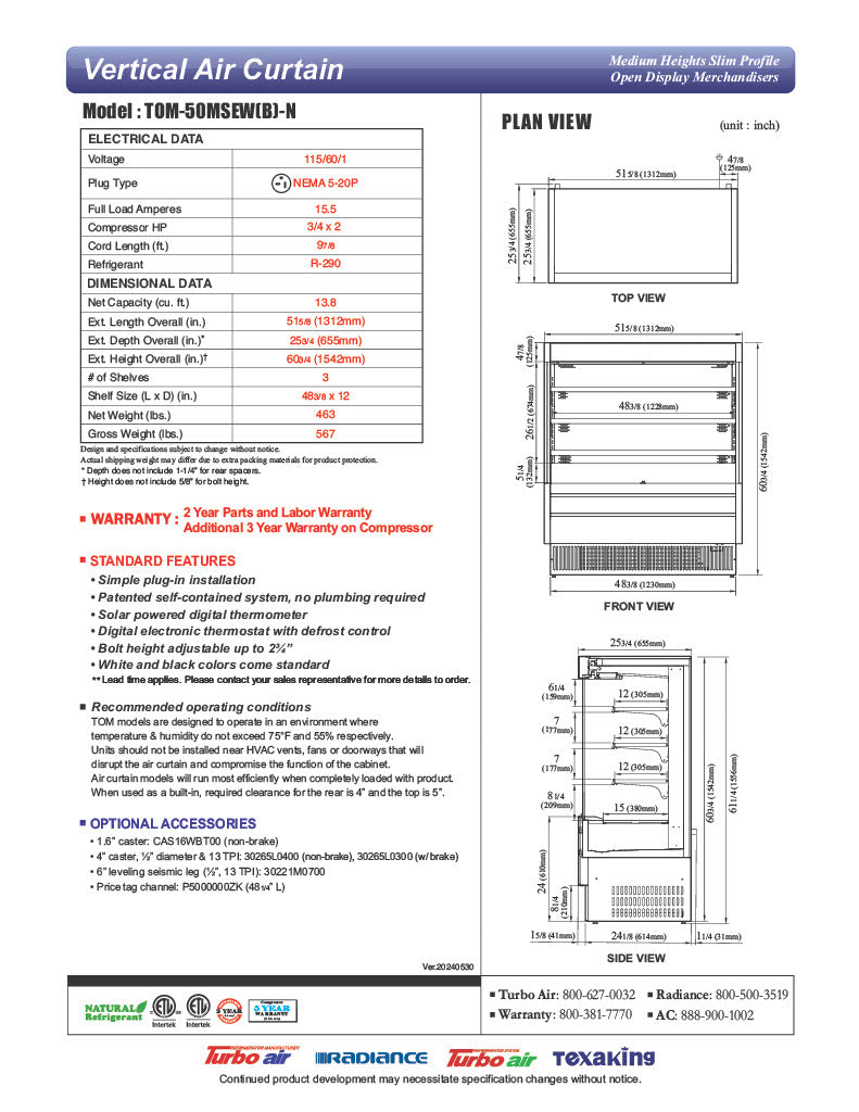 Turbo Air TOM-50MSEW-N 51 1/8" White Narrow Depth Vertical Open Air Cooler / Air Curtain Display Case with (4) Levels, 115v - Donut-Equipment.com