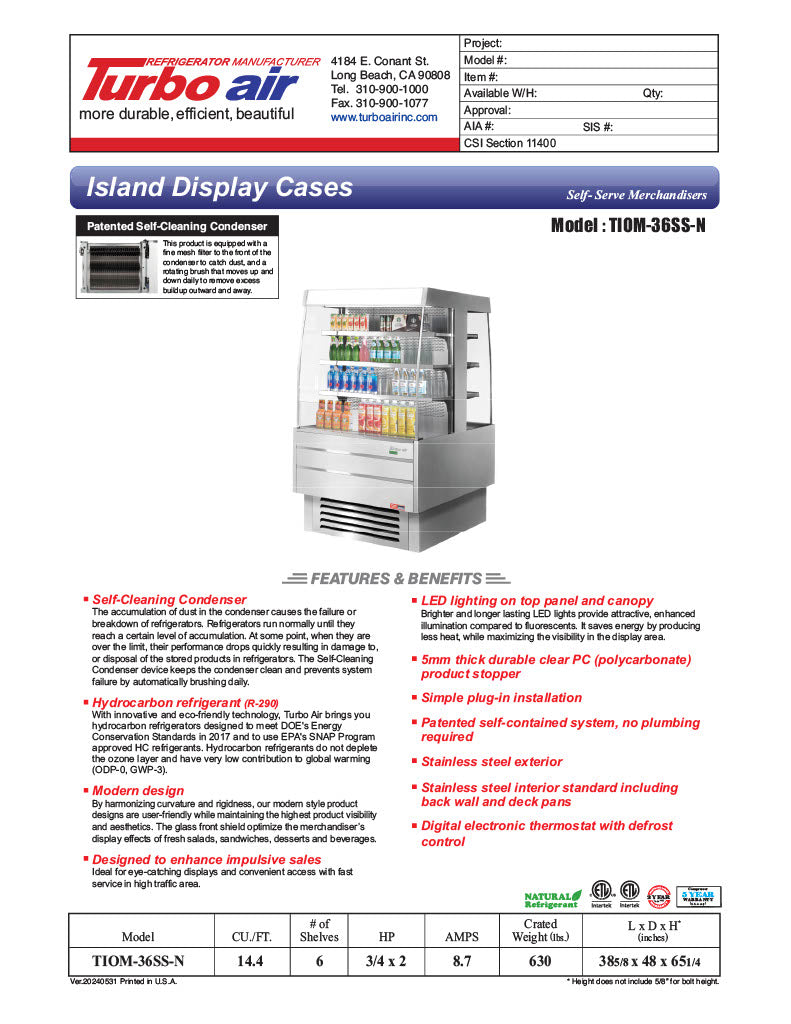 Turbo Air TIOM-36SS-N 39 3/8" Stainless Steel Vertical Island Open Air Cooler with (4) Levels, 220v/1ph - Donut-Equipment.com
